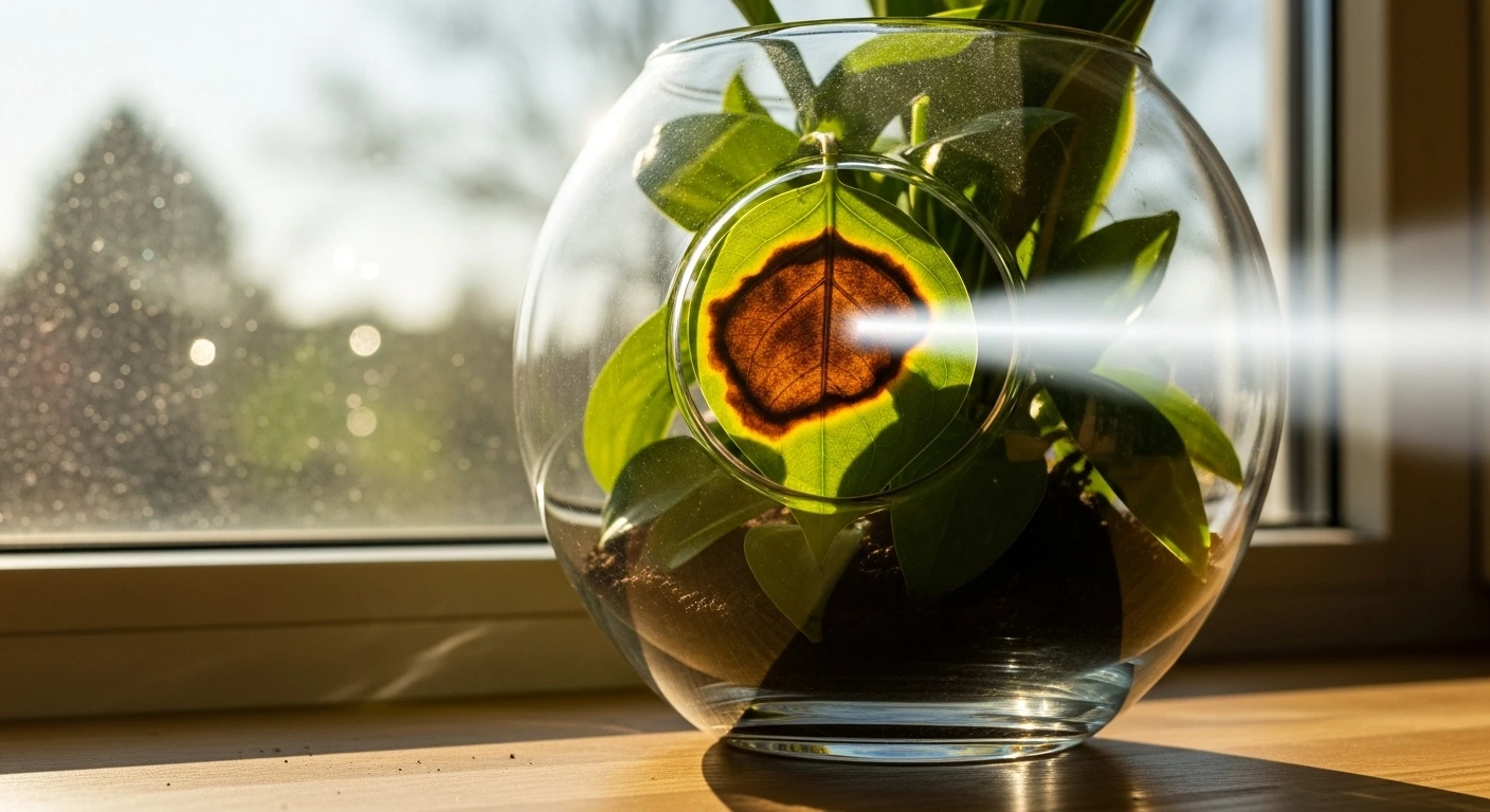 تصویر هشداردهنده از اثر عدسی گلدان شیشه‌ای در نور مستقیم خورشید که منجر به سوختگی برگ گیاه شده است